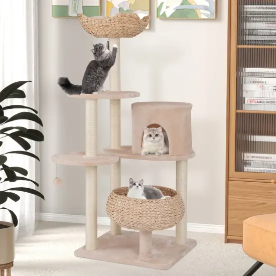 Beige Cattail Cat Tower with 7 Full-Wrapped Scratching Posts and Soft Padded Cushions {2}