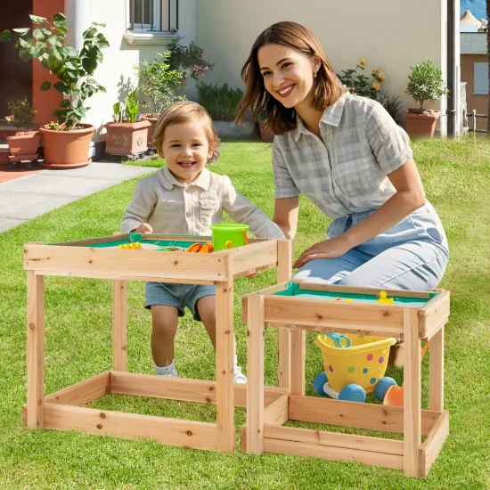 Natural Fir Wood 2-in-1 Sensory Tables Set with Storage & Cover {3}