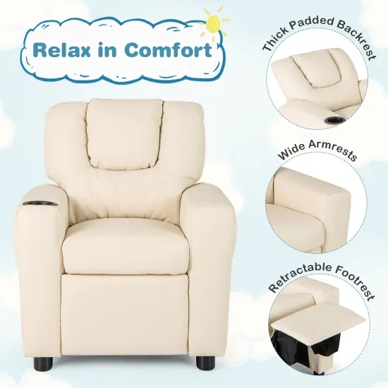 Sponge PU Wood PP Kids Recliner Chair with Adjustable Backrest, Footrest and Firm Cushion Beige {6}