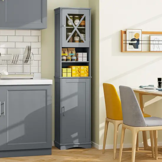 67 Inch Tall Freestanding Bathroom Storage Cabinet with 5 Adjustable Shelves and 2 Open Compartments Gray {2}