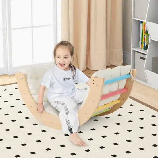 Wooden 6-in-1 Kids Climbing Arch Playset with Cushion, Storage Bin and Safety Features Multicolor {2}