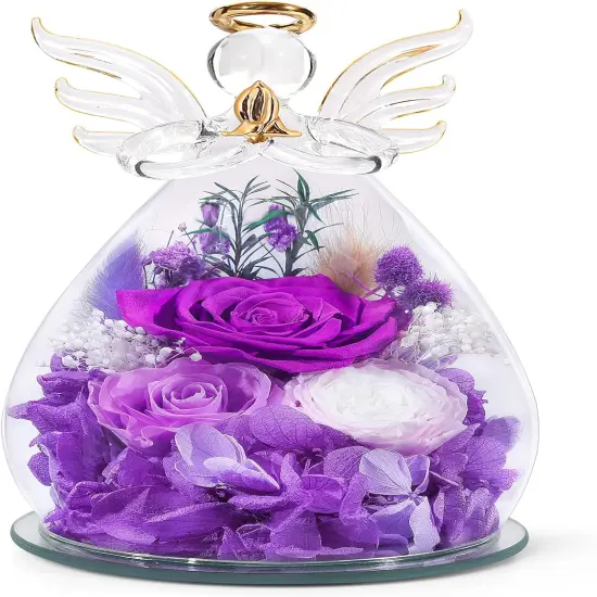 Gifts for Women Preserved Rose Forever Flower in Glass Angel Figurines Fresh Flowers for Delivery Prime Mothers Day Birthday Gifts for Mom Real Purple Roses for Grandma Sister Wife Her Daughter {1}