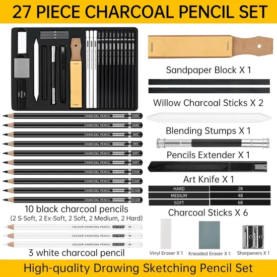 27 Piece Charcoal Drawing Set - Professional Black & White Charcoal Pencils for Sketching, Shading & Blending, Graphite Sticks with Artist Art Supplies Kit (Beginners & Professionals) {2}