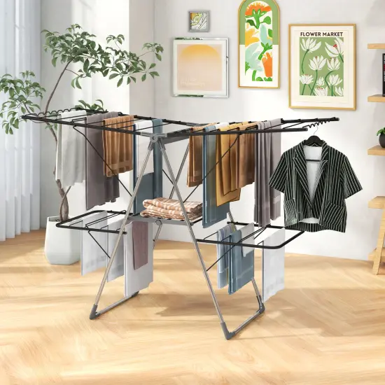 2-Tier 33 Drying Rails Clothes Drying Rack with Height Adjustable Gullwings and Metal Tubes Frame {3}