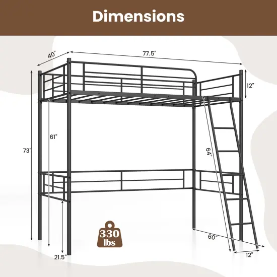 Black Metal Loft Twin Size Bed with Guardrails, Ladder, and Space-Saving Design {4}