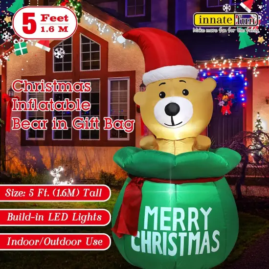 5 Feet Christmas Inflatable Bear Yard Decoration Giant Build-in Lighted Inflatable Christmas Bear Garden Lawn Yard Decor with Built in Fan and Anchor Ropes&hellip; {3}