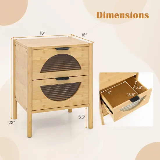 Bamboo Nightstand with 2 Storage Drawers and Reeded Tempered Glass Fronts-Natural {5}