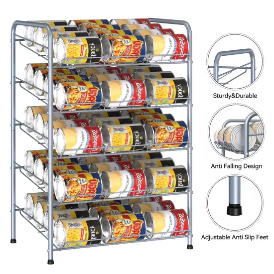 5-Tier Heavy-Duty Can Rack Organizer &ndash; 60-Can Capacity Pantry Storage with 15&deg; Tilt Design, Adjustable Dividers (16.9x12.5x25.6") Silver {3}
