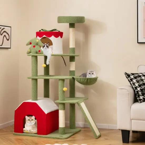 Christmas Themed Cat Tree with Sisal Scratching Posts, Condos and Perch {2}