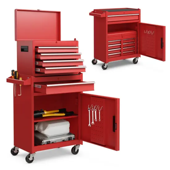 2-in-1 Tool Chest Cabinet with 5 Sliding Drawers and 4 Universal Wheels Perfect for Garage or Workshop Red {4}