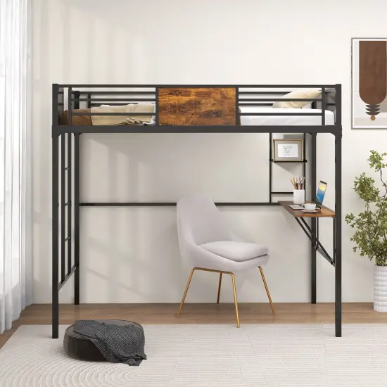 Rustic Brown Metal Twin Size Loft Bed with Desk, Shelf, Ladder and Safety Guardrail {3}