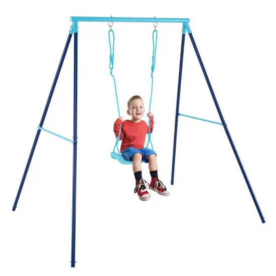 Adjustable Metal Swing Set with Stand and Seat Height 14-28 inches for Kids Blue {4}