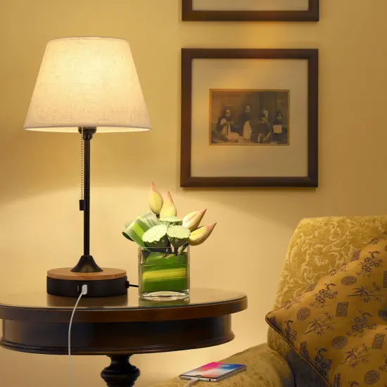 Set of 2 Beige Table Desk Lamps with Dual USB Ports &ndash; Wood & Metal Bedside Lamps, Linen Shade, UL-Certified, Eye-Caring Lighting for Bedroom, Office, or Living Room {5}