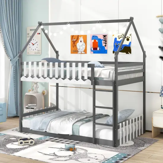 Pine Wood House Bunk Bed, Twin Over Twin, Sturdy Frame and Safe Ladder Gray {2}