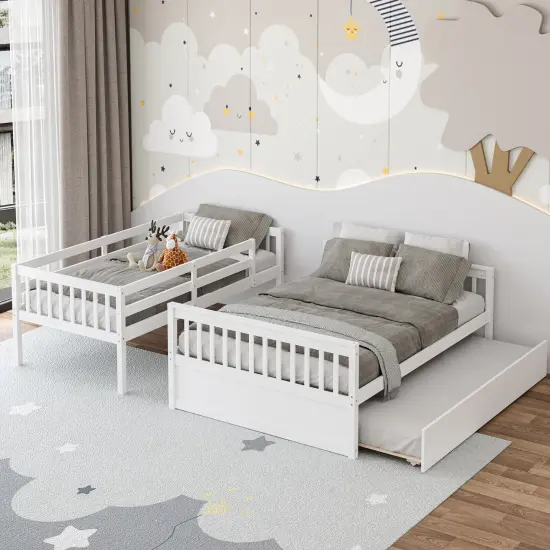 Pine Wood Twin Over Full Bunk Bed with Trundle, Guardrails and Ladder White {3}