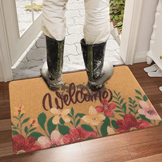 Artificial Coir Doormat with Non-Slip Backing for Indoor and Outdoor 17 x 30 inch Front Door Welcome Mat Spring Summer Seasonal Doormat,Welcome Flowers {2}