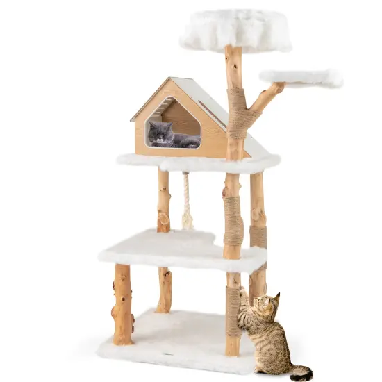 60 Inch Tall Wooden Cat Tree Tower with 2 Cozy Perches and 2 Large Platforms {4}