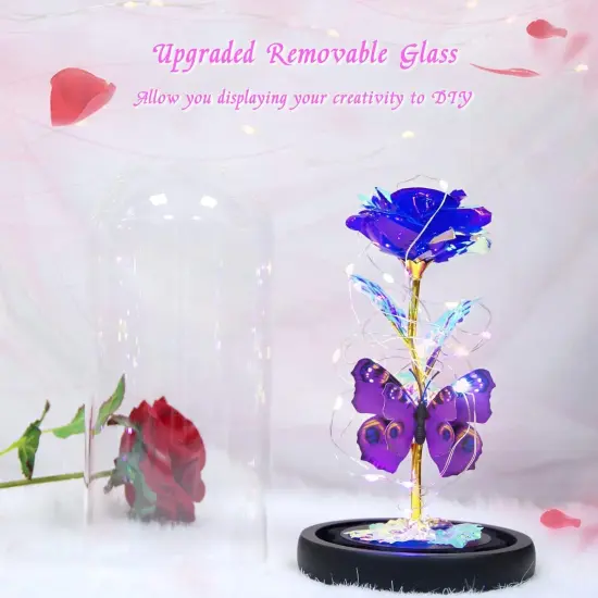 Valentines Rose Gifts for Her Birthday Flower Gift for Women, Galaxy Purple Butterfly Rose in Glass Dome, Light Up Forever Rose Birthday Gifts for Mom Anniversary Valentine's Day Eternal Rose Gift {4}