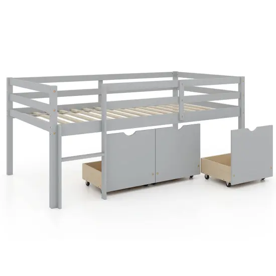 Twin Size Low Loft Bed with 3 Storage Drawers Ladder and Guardrails Gray {3}