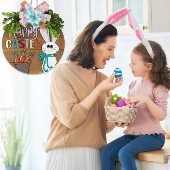 Easter Wreaths for Front Door,Easter Door Wooden Hanging Sign Happy Bunny Wreath Porch with Bow Decoration,Bunny Rabbit Spring Decorations for Home Decor (Pink) {4}