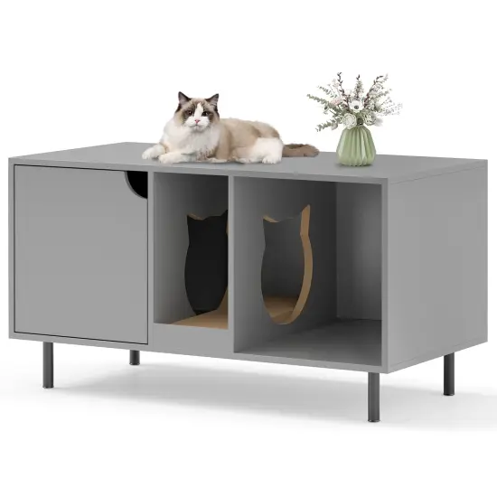 Engineered Wood Cat Litter Box Cabinet with Scratcher and Storage Gray {4}