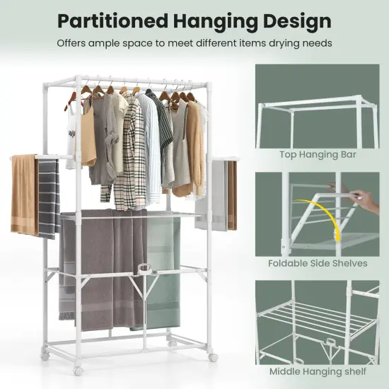 White Foldable Aluminum Drying Shelves Rack with Hanging Rods and Lockable Wheels {6}