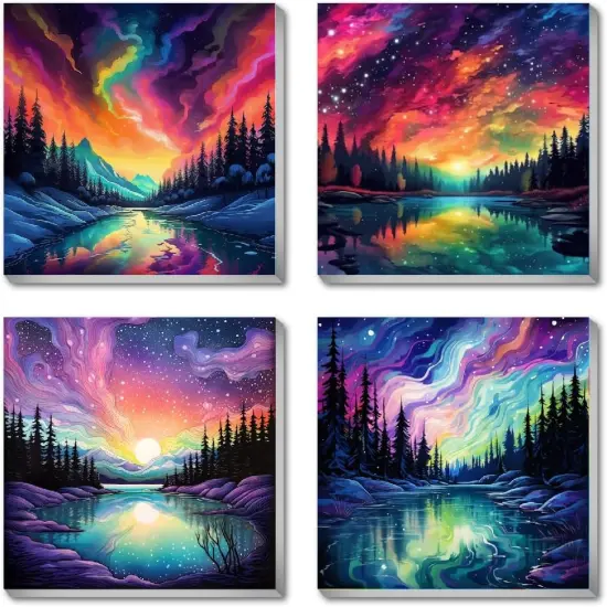 4 Pack Landscape Paint by Number for Adults Framed Canvas, DIY Aurora Arts and Crafts for Adults Beginner with Paint Brushes, Acrylic Paint Set for Home Wall Decor, 8 * 8 Inch {1}