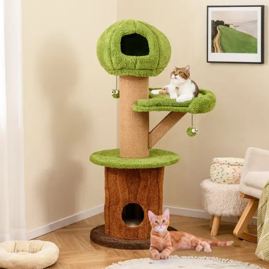 48-Inch Large Mushroom Shape Cat Tree with 2 Cute Condos and Branch-Shaped Scratching Posts {2}