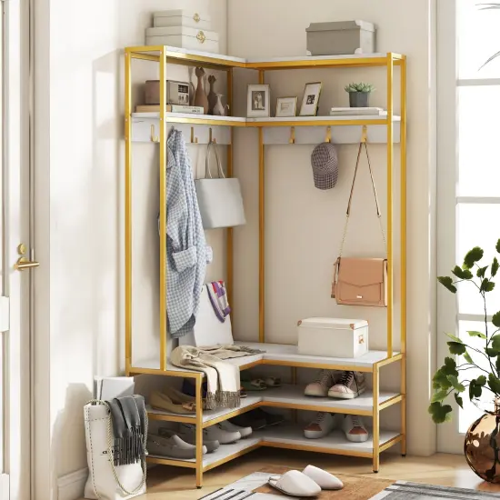 Multi-purpose Coat Rack with Open Shelves & Metal Hooks for Storage White {3}