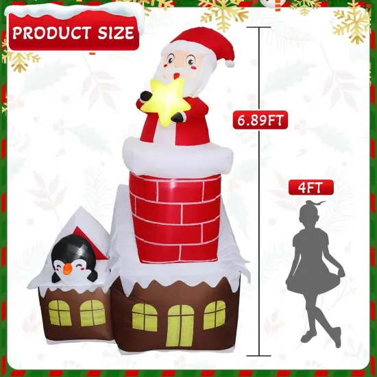 7FT H Lovely Christmas Inflatable Santa in The Chimney of Candy House with Penguin&Star Decorations, Blow up Christmas House with Build-in LED {2}
