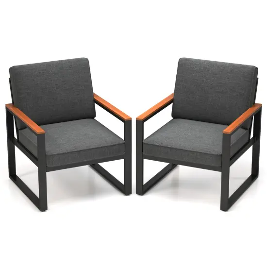 Set of 2 Patio Aluminum Frame Armchairs with Wood-Plastic Armrest and Comfortable Cushion Seat {1}