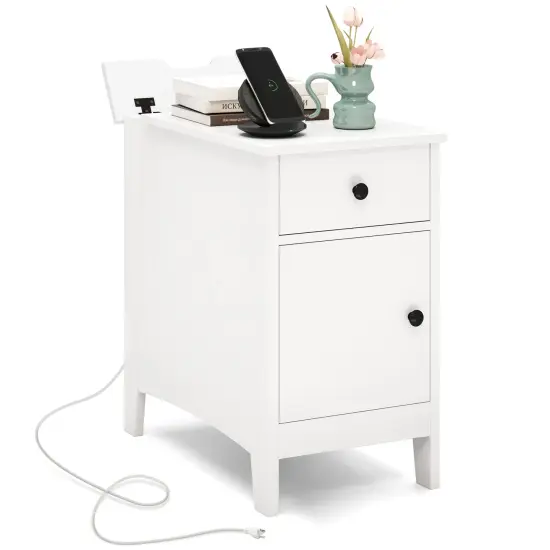 Flip Top Beside End Table with Charging Station Power Outlets and Pull-Out Drawer and Cabinet White {4}