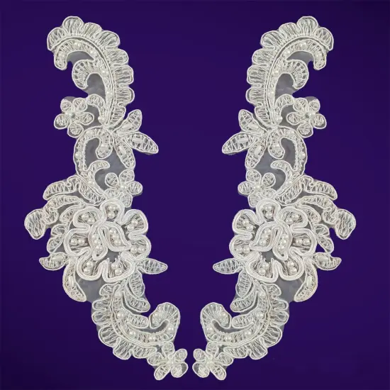 1 Pair Beaded & Corded Floral Lace Applique 2.75" x 8.75" Each Side White {2}