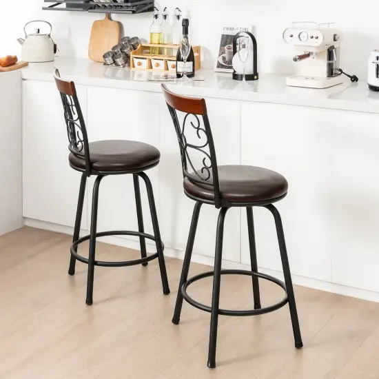 Costway Set of 2 24/30 Inch Adjustable Swivel Barstools Metal Dining Chairs Black&Brown {2}