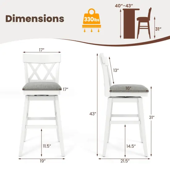 Costway 1/2/3/4 PCS 30" Bar Stool Wooden Chair with Contoured Backrest Swivel Padded Seat for Kitchen Gray {3}