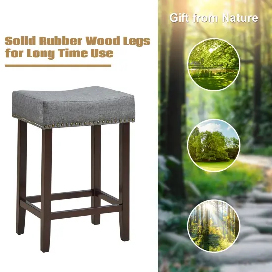 Costway Set of 2 Nailhead Saddle Bar Stools 24'' Height w/ Fabric Seat & Wood Legs BeigeGray {6}