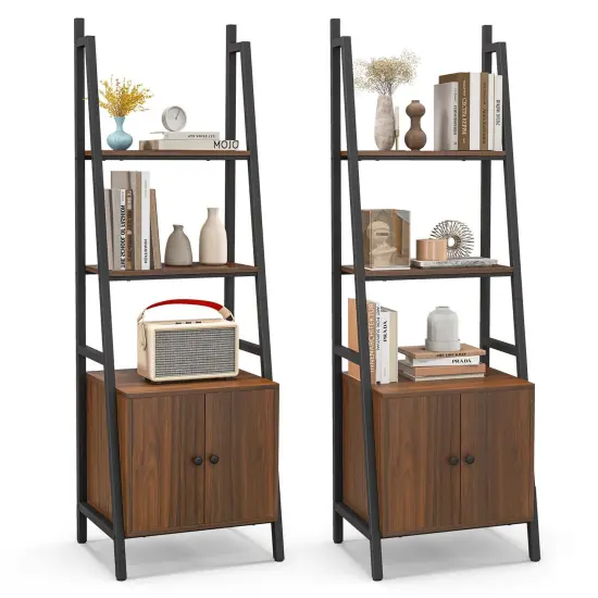 Costway 2 PCS Ladder Shelf Industrial Bookcase with Cabinet Metal Frame for Living Room {1}
