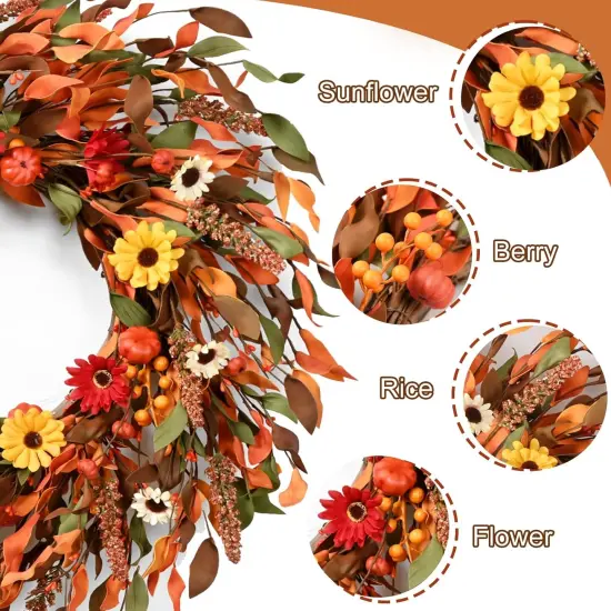 22-24in Daisy Fall Door Wreath with Pumpkin {2}