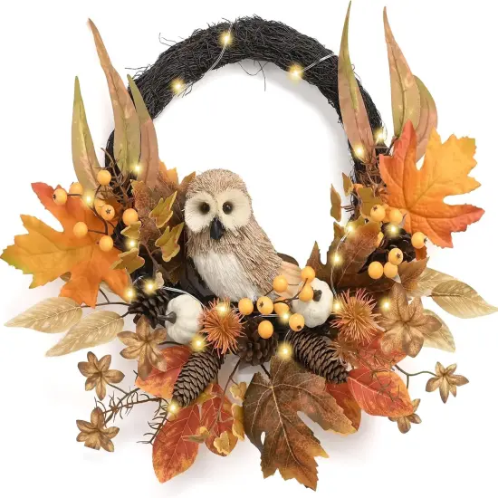 18'' Fall Door Wreath with Lights Cute Owl for Harvest Decor {1}