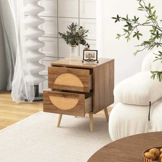 Costway 2Pcs Rattan Nightstand with 2 Drawers Solid Wood Legs Compact Wood Coffee Table {5}