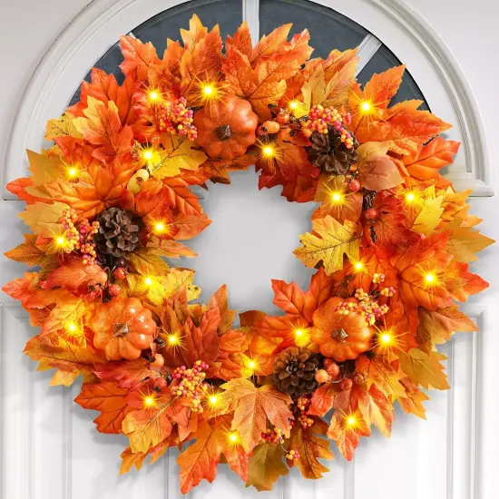 20 Inch Autumn Wreath with Pumpkins Maple Leaves {1}