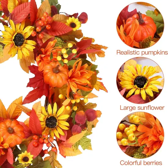 Fall Wreath Sunflower Pumpkins Berries Maple Leaves Daisies {5}