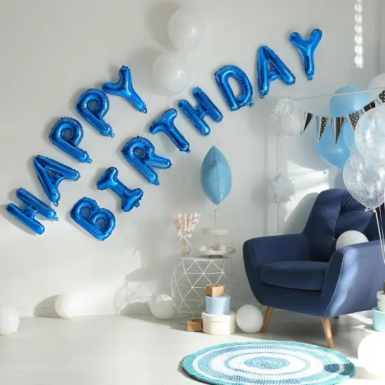 Blue Happy Birthday Balloon Banner, 16 Inch Foil Mylar - Blue {2}