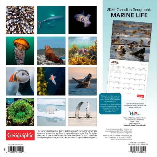 Canadian Geographic Marine Life OFFICIAL | 2026 12 x 24 Inch (Hanging) Monthly Square Wall Calendar {2}