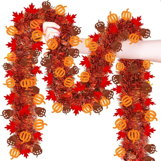 50Ft Fall Decor Fall Tinsel Garland with Pumpkin Maple Leaf {1}
