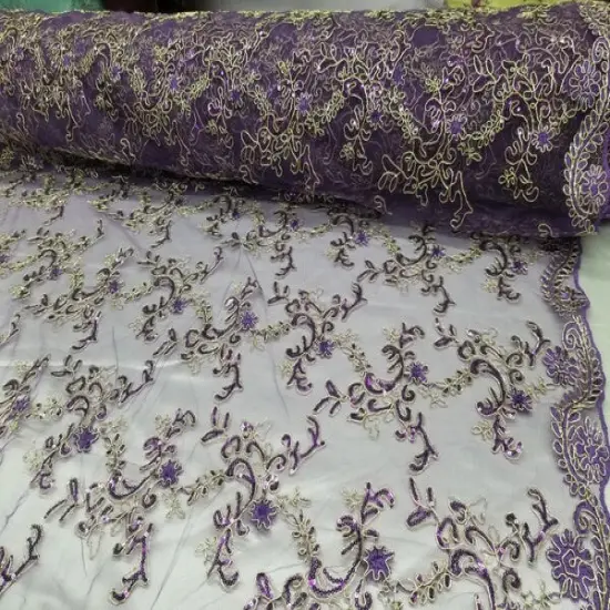 1 Yard Purple Metallic Flowers Sequins Mesh Lace Fabric for Tablecloths and Costumes Wide 54'' inch {1}