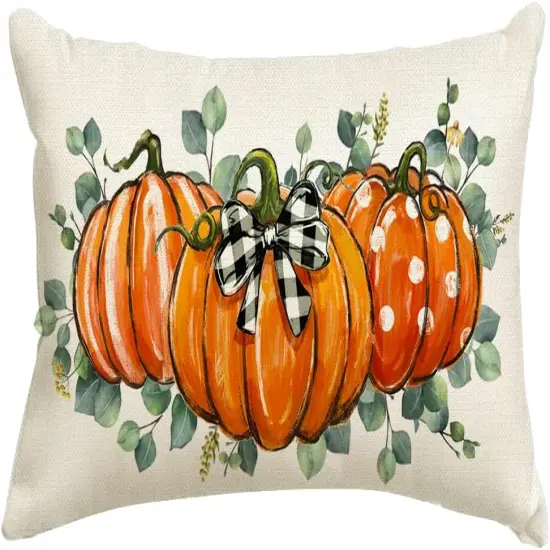 Orange Pumpkin Autumn Thanksgiving Eucalyptus Leaves Harvest Lumbar Outdoor Cushion Case Decoration for Hom {1}