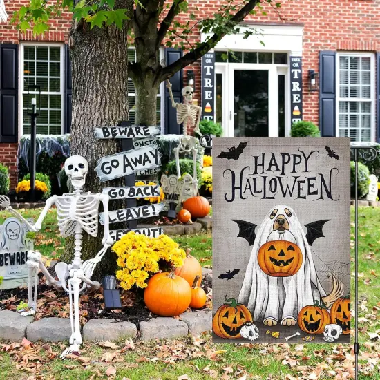 12x18 Inch - Happy Halloween Garden Yard Flag with Ghost Golden(Only Flag) {3}