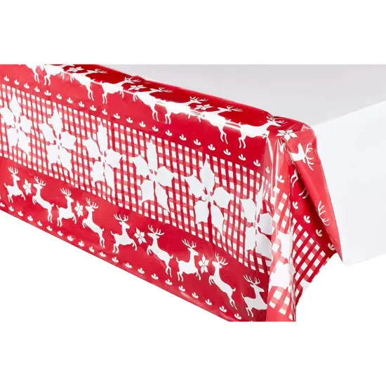 3 Pack Christmas Reindeer Plastic Party Tablecloths, 54" x 108" Red Rectangular Disposable Table Covers for Xmas Holiday Supplies {4}