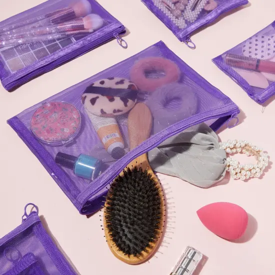 8-Piece Purple Mesh Makeup Bag Sets for Traveling, Overnight Trips, Weekender, Cosmetic Storage Holder, Pencil Organizer Pouch with Zipper, 2 Large, 2 Medium, and 4 Small Bags {2}